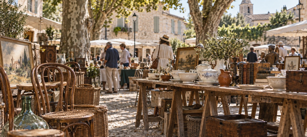 Ambiance illustrée d’une brocante : objets anciens, paniers et vaisselle sous les arbres