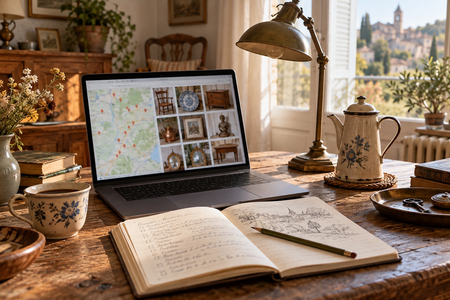 Un ordinateur, un carnet et des objets anciens sur une table pour préparer une sortie en brocante