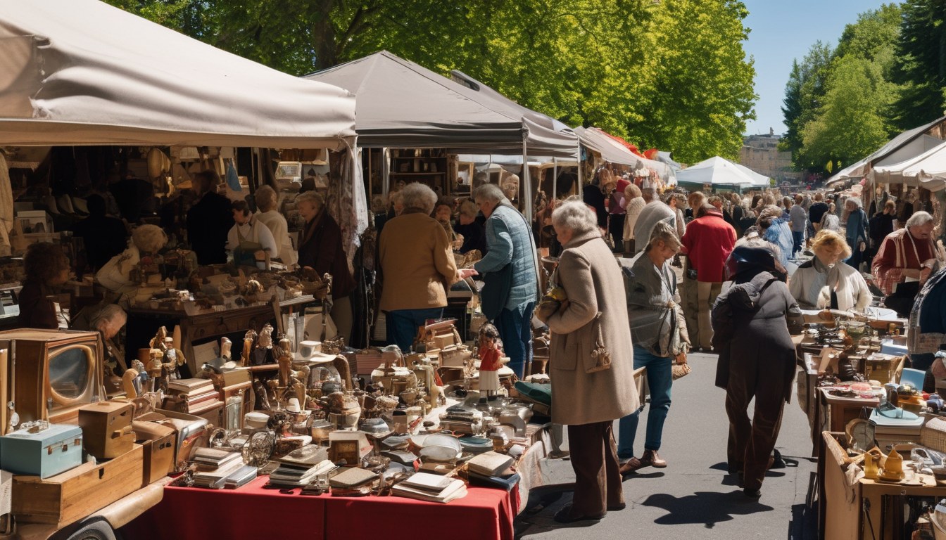 Des visiteurs parcourent des stands de brocante sous des tentes, parmi la vaisselle et les objets anciens